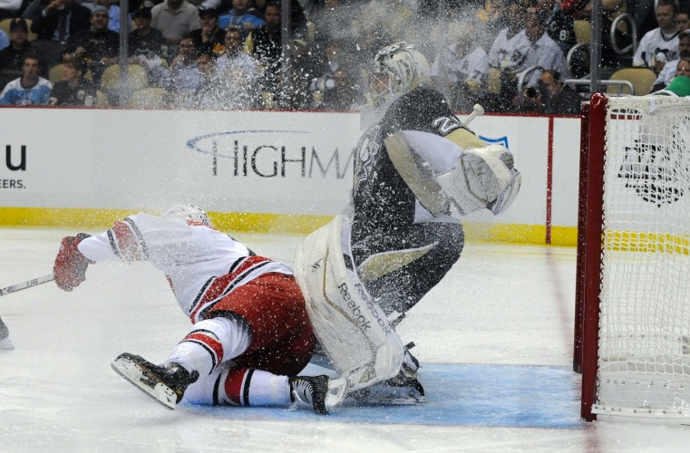 Riley Nash collides into Marc-Andre Fleury